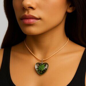 Heart-Shaped Green Floral Tree Pendant Necklace - 18" Beige Cord Fashion Jewelry